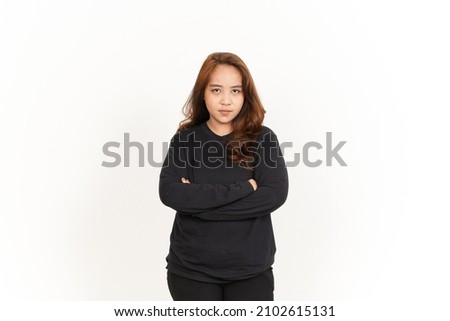 Angry Face Gesture Of Beautiful Asian Woman Wearing Black Shirt Isolated On White Background
