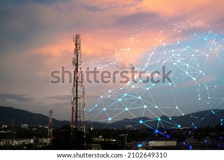 Telecommunication Tower for 2G 3G 4G 5G network during sunset. Antenna, BTS, microwave, repeater, base station, IOT. Technology concept in internet and mobile communication. Royalty-Free Stock Photo #2102649310