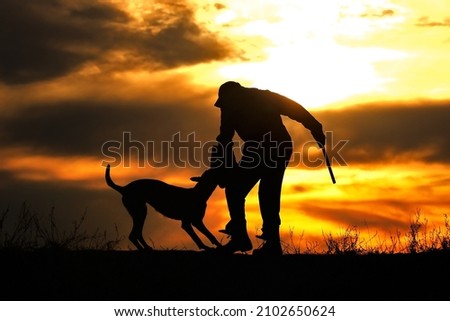 Protective section with a dog, a dog attacks a helper against a sunset background	
 Royalty-Free Stock Photo #2102650624