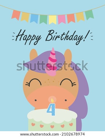 Birthday Party, Greeting Card, Party Invitation. Kids illustration with Cute Magic Unicorn Blowing out Birthday Cake Candle with the number 4. Vector illustration in cartoon style.
