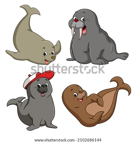 The group of seals are smiling and happy playful of illustration
