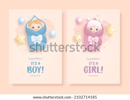 Set of baby shower invitation with cartoon baby girl, baby boy and helium balloons on beige background. It's a girl. It's a boy. Vector illustration Royalty-Free Stock Photo #2102714185
