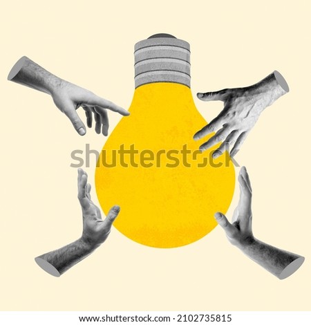 Human hands reach for a brilliant idea looks like lightbulb, contemporary collage. Teamwork, business, collaboration, problem solving, brainstorm concept.  Royalty-Free Stock Photo #2102735815
