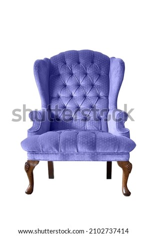 Isolated classic very peri velvet armchair. Vintage armchair. Insulated furniture. Purple soft chair. Royalty-Free Stock Photo #2102737414