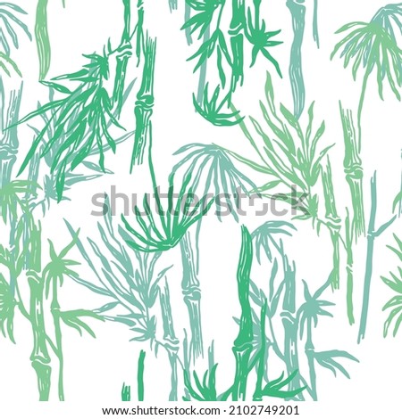 Bamboo trees and leafs summer texture. Summer white  seamless pattern. Vector illustration.