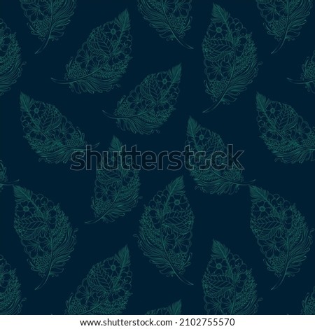 Seamless pattern of a traditional intricated design of generic viridian color feather on Prussian blue color background, used for textile design and wallpapers.