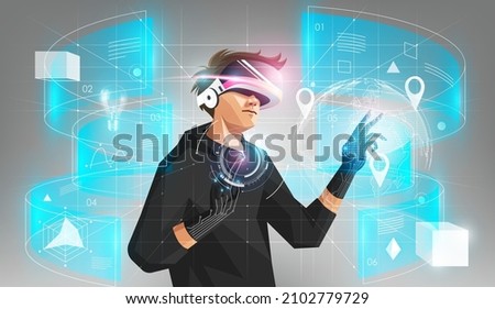 Metaverse digital cyber world technology, Man holding virtual reality glasses and haptic gloves surrounded with futuristic interface 3d hologram data, vector illustration. Royalty-Free Stock Photo #2102779729