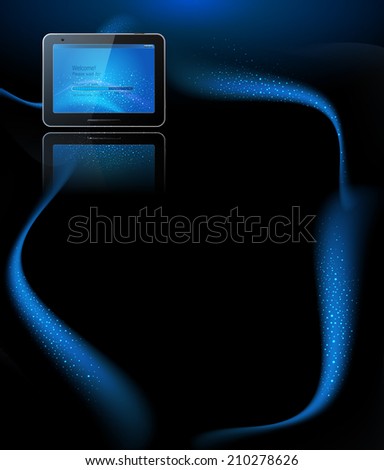 black tablet pad with a blue screen and a reflection on a blue background.