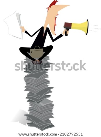 Man, megaphone and a pile of papers isolated illustration.
Cartoon man with megaphone sits on the pile of papers or documents and makes the announcement isolated on white
