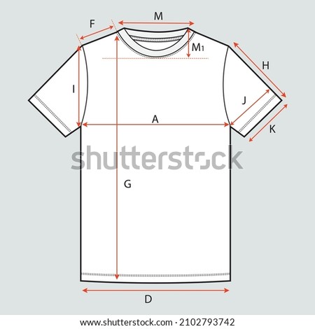 Basic T shirt Technical Drawing Flat sketch With Measurement guide Detail.