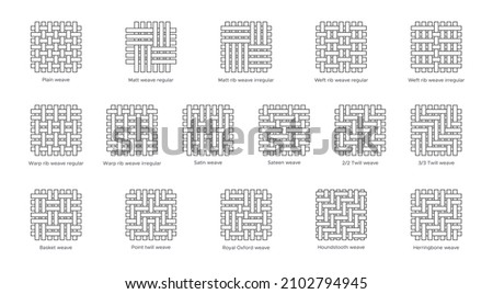 Fabric sample flat line icons set. Weave types - plain, rib, basket, satin. Woven swatches of twill, oxford, houndstooth and herringbone. Vector illustration in flat icon style with editable stroke. Royalty-Free Stock Photo #2102794945