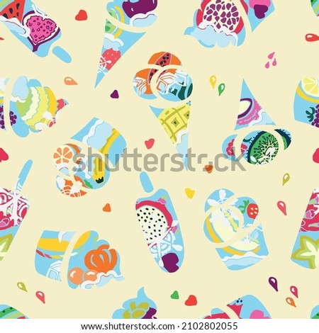 Seamless pattern with doodle style tropical fruit ice cream in blue, yellow, orange, pink colors suitable for a background or textile print