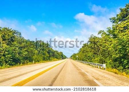 Driving on the highway in the jungle and tropical nature of Playa del Carmen Quintana Roo and Lázaro Cárdenas Mexico. Royalty-Free Stock Photo #2102818618