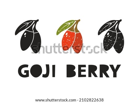 Goji berry, silhouette icons set with lettering. Imitation of stamp, print with scuffs. Simple black shape and color vector illustration. Hand drawn isolated elements on white background Royalty-Free Stock Photo #2102822638