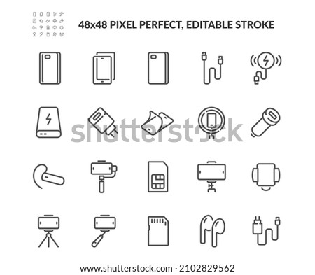 Simple Set of Mobile Accessories Related Vector Line Icons. 
Contains such Icons as Wireless Charger, Tripod, Studio Ring Light and more. Editable Stroke. 48x48 Pixel Perfect. Royalty-Free Stock Photo #2102829562