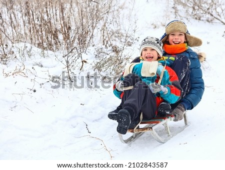 Two boys of a friend have fun sledding down a snow slide.