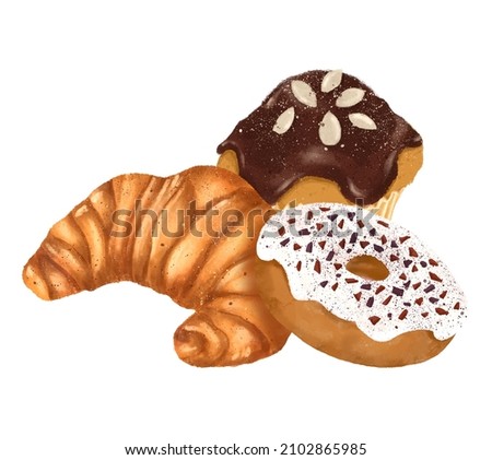 Sweet desserts , cakes and baked goods watercolor clip art. Cupcake, cheesecake, macaroons, croissant, eclair. 