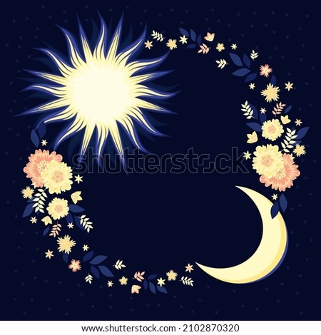 Decorative sun, crescent and  flowers. Astrology symbol and mystic design element. Dark blue background.