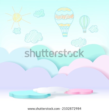 3d product podium, pastel color background, clouds, weather with empty space for kids or baby product.