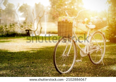 Vintage bicycle with basket full of flowers standing in the field, Bicycle at summer grass field, classic Bike, old bicycle style for greeting Cards, post card.