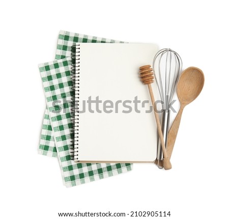 Blank recipe book, napkin and kitchen utensils on white background, top view. Space for text Royalty-Free Stock Photo #2102905114