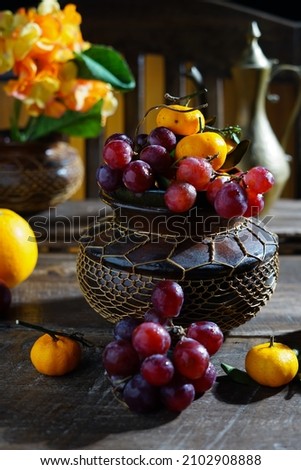 fresh fruits on wooden rustic table,selective focus,still life photography