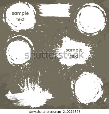 Set of white blots and ink splashes. Abstract elements for design in grunge style. Round frames.