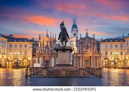 Turin, Italy at Piazza San Carlo during twilight. Royalty-Free Stock Photo #2102981095