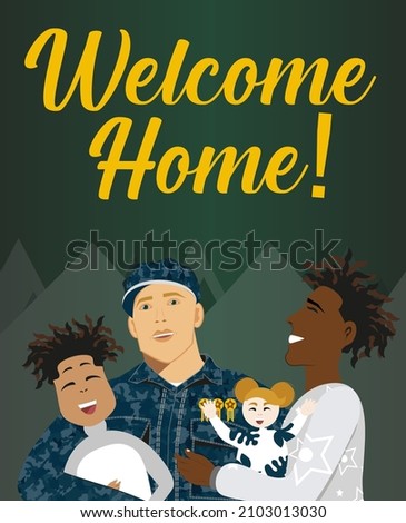 Soldier returns home. LGBT family. Soldier hugging his relatives. Happy husband and father hugging their husband and children. Vector illustration.