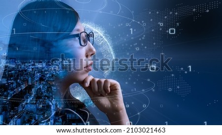 Female engineer concept mix media. Business infographics set with diagram illustration. Data visualization elements, marketing charts and graphs. 5G and AI technology background. 3D illustration.
