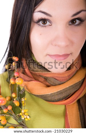 attractive brunette woman in winter clothes on white background
