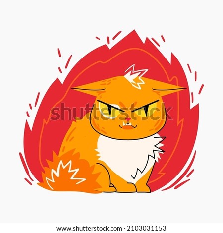 Cute angry red cat sitting with frowning face expression in fire. Isolated on white background. Adorable dissatisfied kitten. Flat style vector illustration.