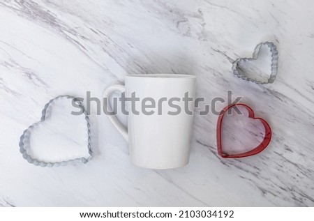 White mug mockup on white plush background with heart shapes flat lay for Valentine's Day, Mother's Day, Anniversary, Baking, Romance, add your text, logo, artwork