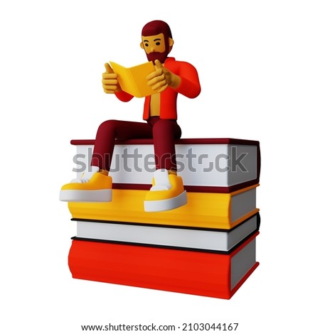3d illustration man sitting in book with reading book