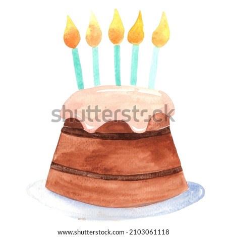 Happy birth day cake and candle watercolor isolated for decoration on Birthday party.