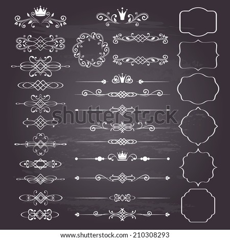 Floral design elements set, ornamental vintage frames with crowns in white. Page decoration. Vector illustration. Isolated on chalkboard background. Can use for birthday card, wedding invitations. 