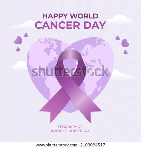 Happy World Cancer Day February 4th with heart globe and ribbon illustration flat design