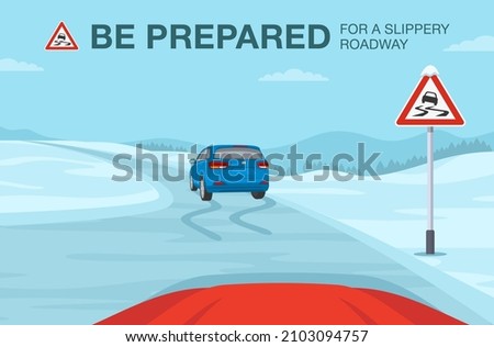Safety car driving rules. Car is reaching the slippery road. Be prepared for a slippery roadway warning sign meaning. Flat vector illustration template. Royalty-Free Stock Photo #2103094757