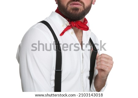 Fashionable young man in stylish outfit with bandana on white background, closeup