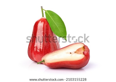 Red rose apple fruit with green leaf and cut in half slice isolated on white background. Royalty-Free Stock Photo #2103155228