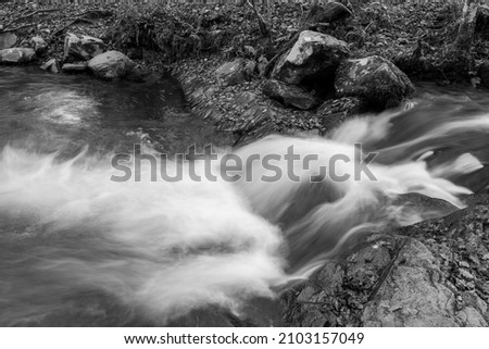 Long exposure of the Horner Water river flowing through Horner woods in Somerset