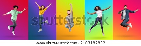 Collage with excited millennial diverse men and women jumping and shouting, having fun on bright neon studio backgrounds, banner design. Multiracial people going crazy, flying in air Royalty-Free Stock Photo #2103182852