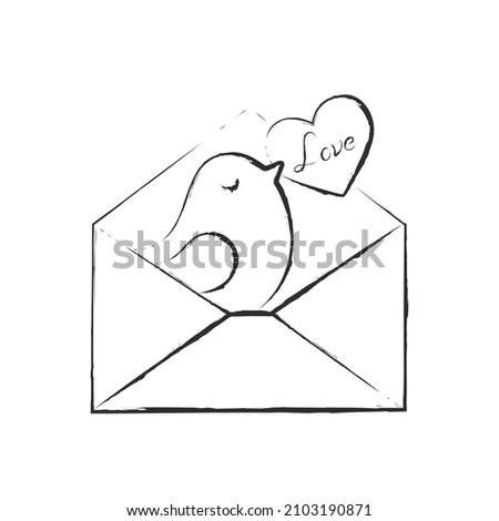 hand drawn bird in envelope with love message. love message. romantic and love symbol. sketchy vector element for valentine's day design