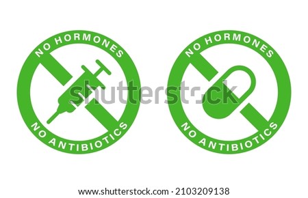 Non Added Antibiotic, Hormone Icon. Organic, Healthy, Natural, Certificated, No Antibiotic Label. Food Without Hormones and Antibiotic Green Sign. Isolated Vector Illustration. Royalty-Free Stock Photo #2103209138