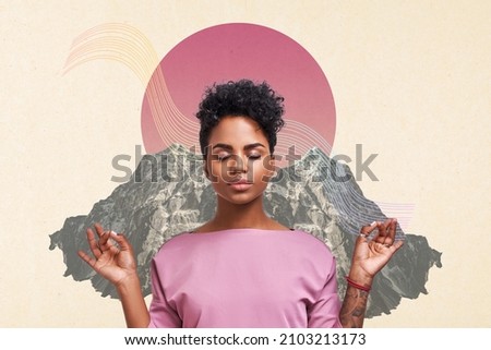 Collage of calm young African American woman practicing breathing yoga exercises over mountain tops and Pacific Pink sunrise background. No stress free relief at work concept. Royalty-Free Stock Photo #2103213173