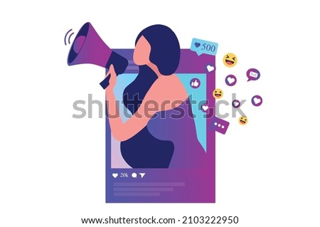 Beautiful woman shouting in loud speaker with social media icons. Influencer social media marketing, blogger, vlogging, social influencer and influencer marketing concept vector illustration Royalty-Free Stock Photo #2103222950