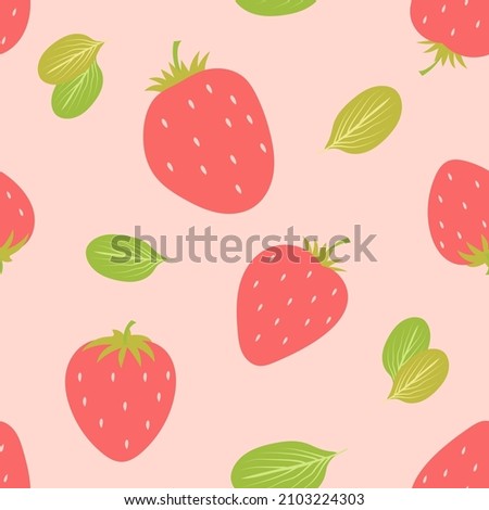Seamless pattern cute strawberry with leaf on pink pastel backgound. Vector illustration.