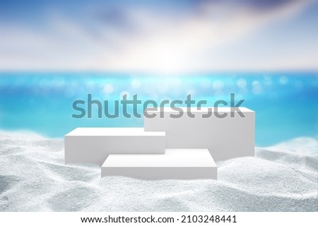 White Sand with White 3D podium put on sand dune againt blurry blue ocean and beautiful sky Summer background with display advertistment concept, 3D rendering Royalty-Free Stock Photo #2103248441