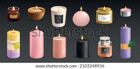 Isolated modern scented wax candles realistic set on transparent background vector illustration Royalty-Free Stock Photo #2103248936