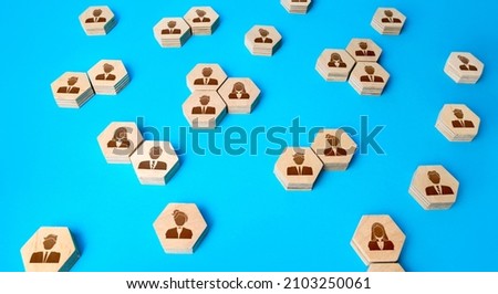 Business people on hexagonal figures. Searching for candidates, hiring new employees for vacancies. Human resources. Personnel management. Communication, organize of work relations of company workers. Royalty-Free Stock Photo #2103250061